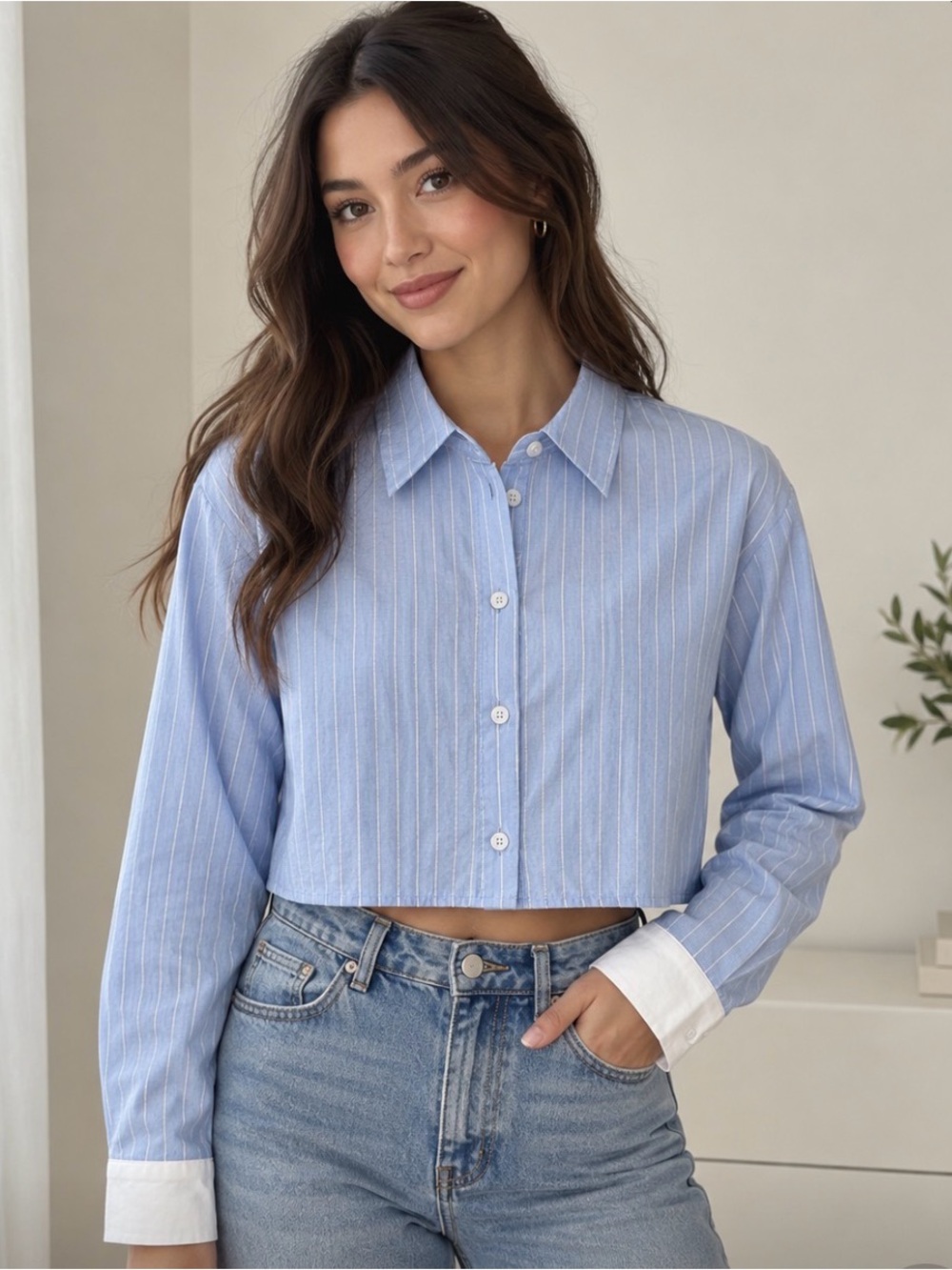 Edikted Sky Blue & White Pinstripe Button Up Crop Top Long Sleeve XS academia